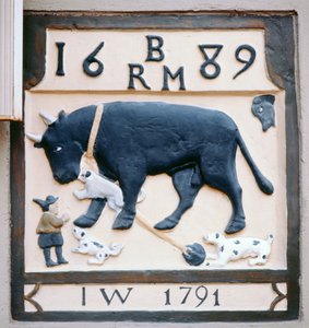 Pub-skilt fra Tyren og Hunden (tidligere Den Sorte Tyr) 1689 (malet sten) af English School